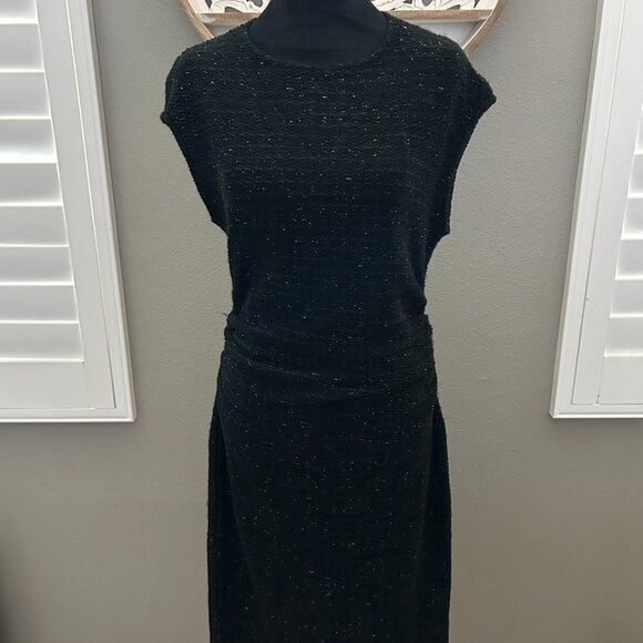 Zara Black Shiny Metallic Thread Midi Dress Ruched Waist Short Sleeve SZ L - Picture 1 of 6